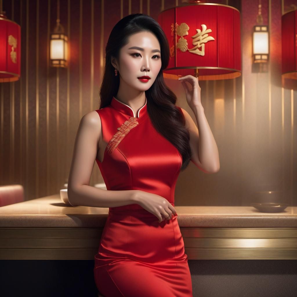 Elegant Chinese Lady in Red Dress