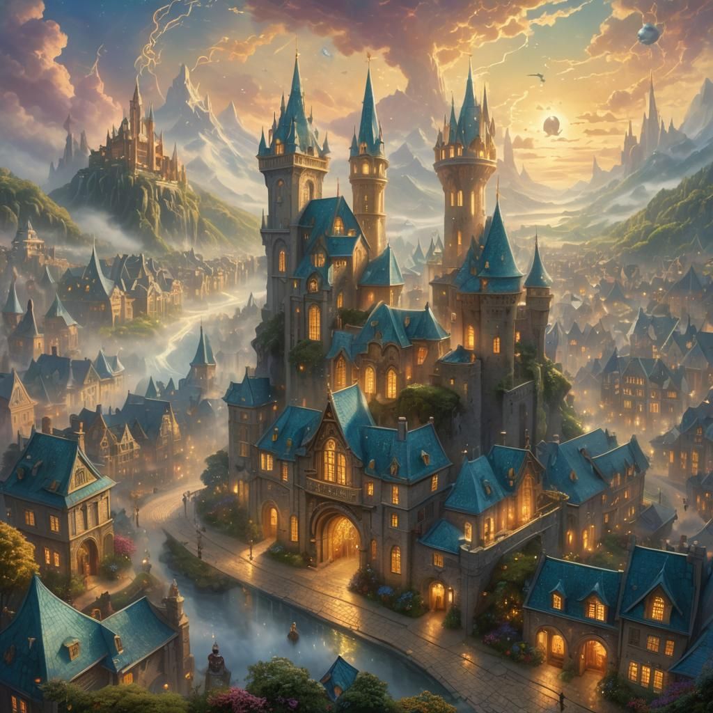 Whimsical Fantasy Townscape with Mythical Creatures and Gold...