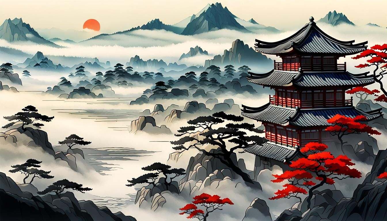 Misty Japanese Landscape in Stained Glass Style