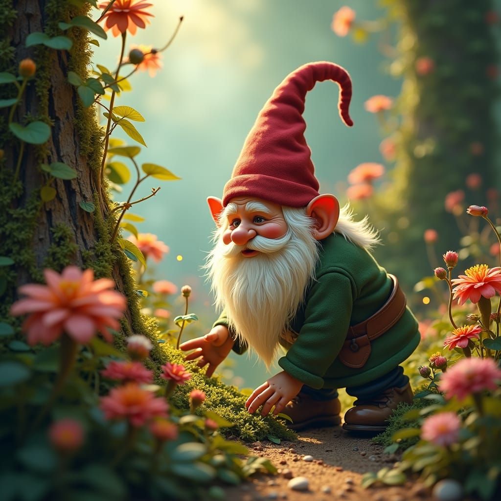Detailed Gnome in Lush Garden, Matte Painting Style