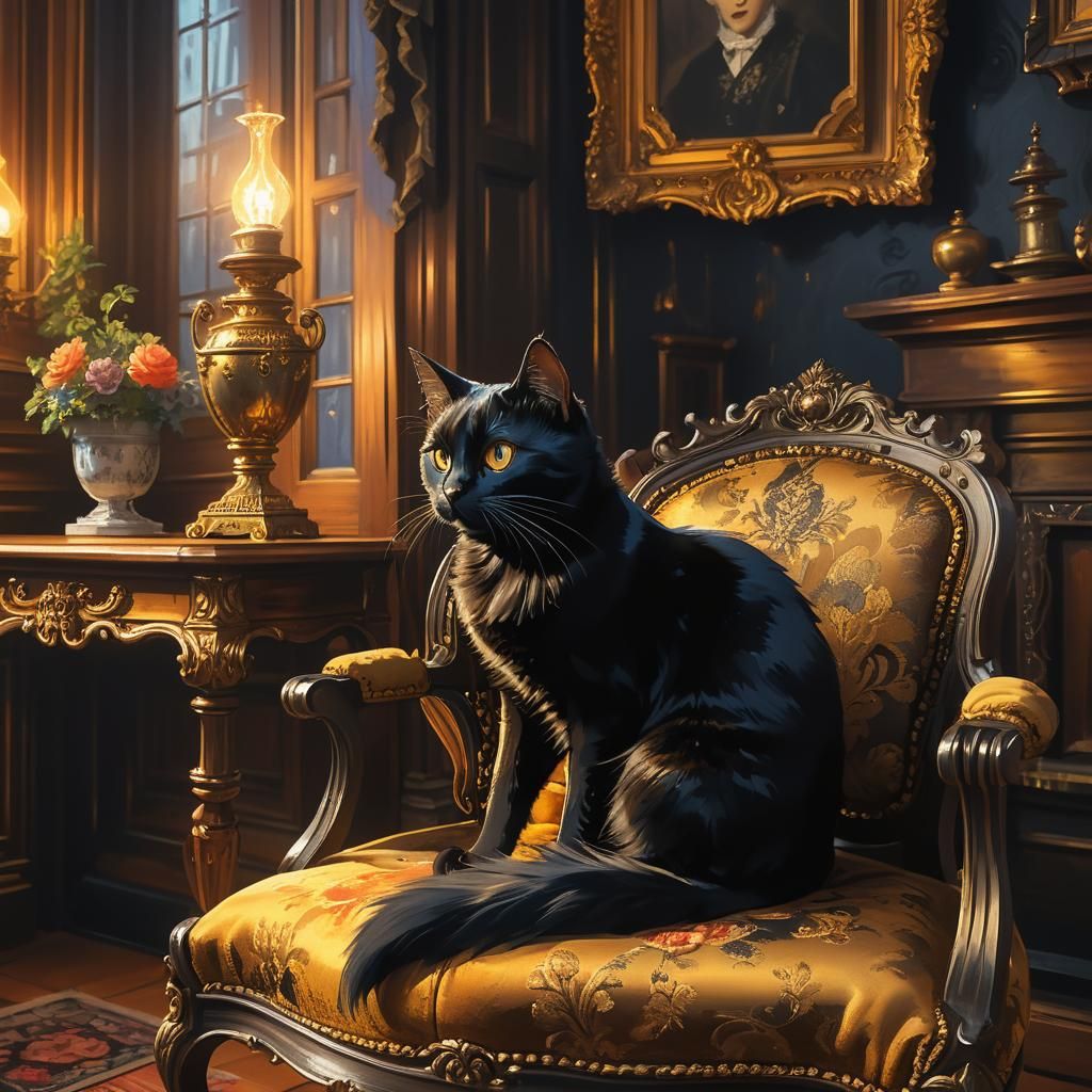 Elegant Black Cat in Victorian Luxury