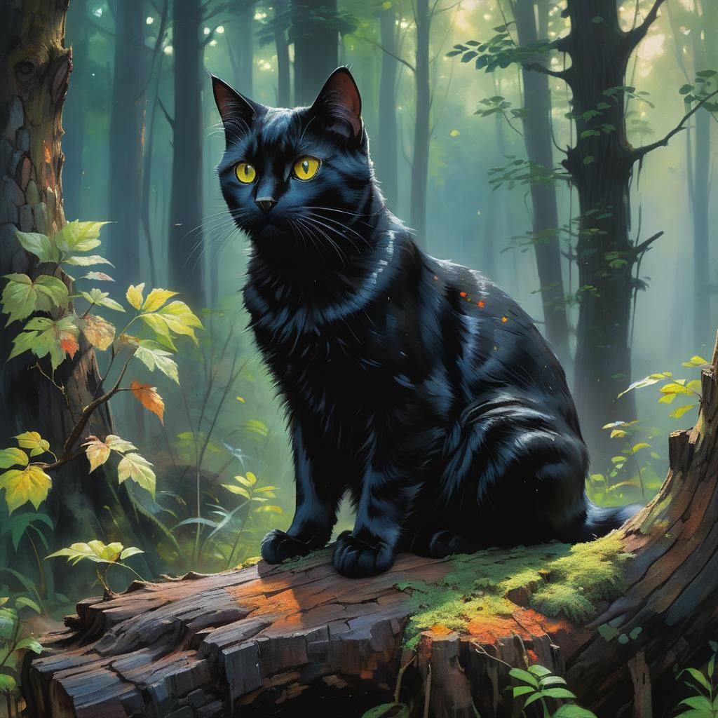 Surreal Black Feline in Vibrant Anime Oil Painting