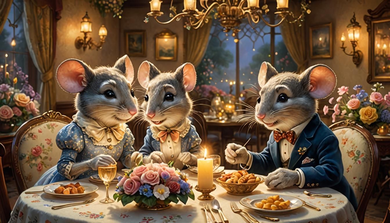 Romantic Mouse Dinner in Ethereal Fantasy Style