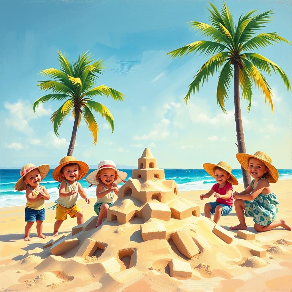 Children Build Sandcastle on Sunny Beach, Impressionistic St...