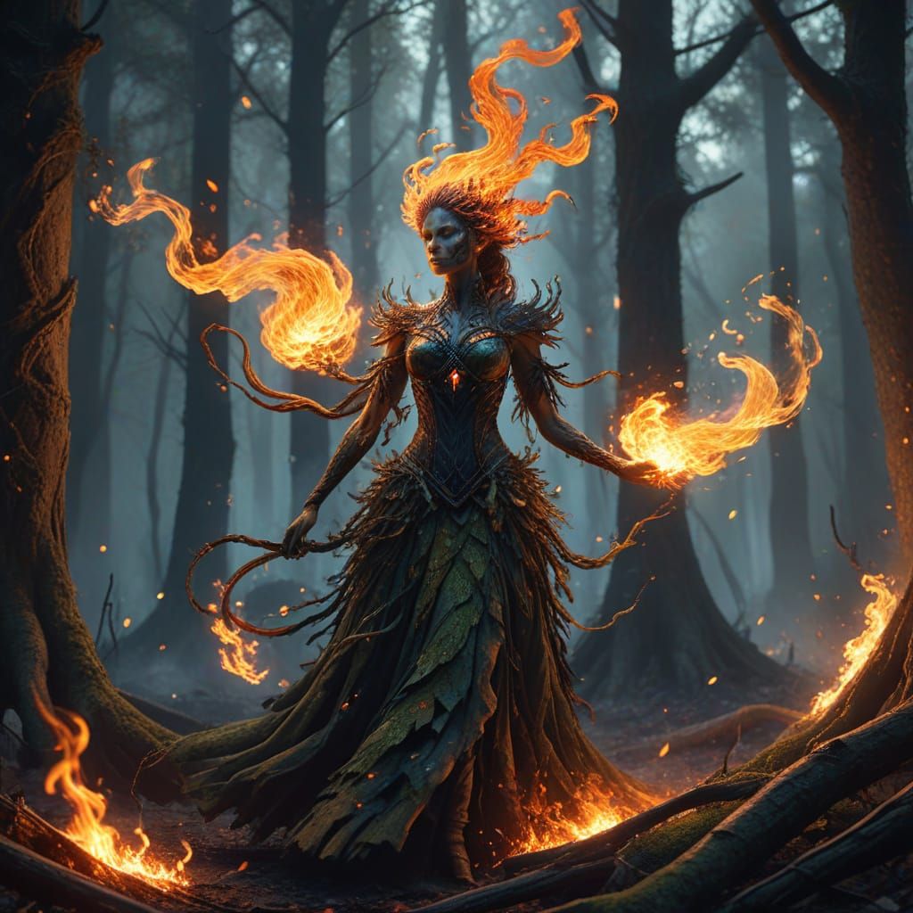 Fiery Spirit in Ancient Woods Digital Painting