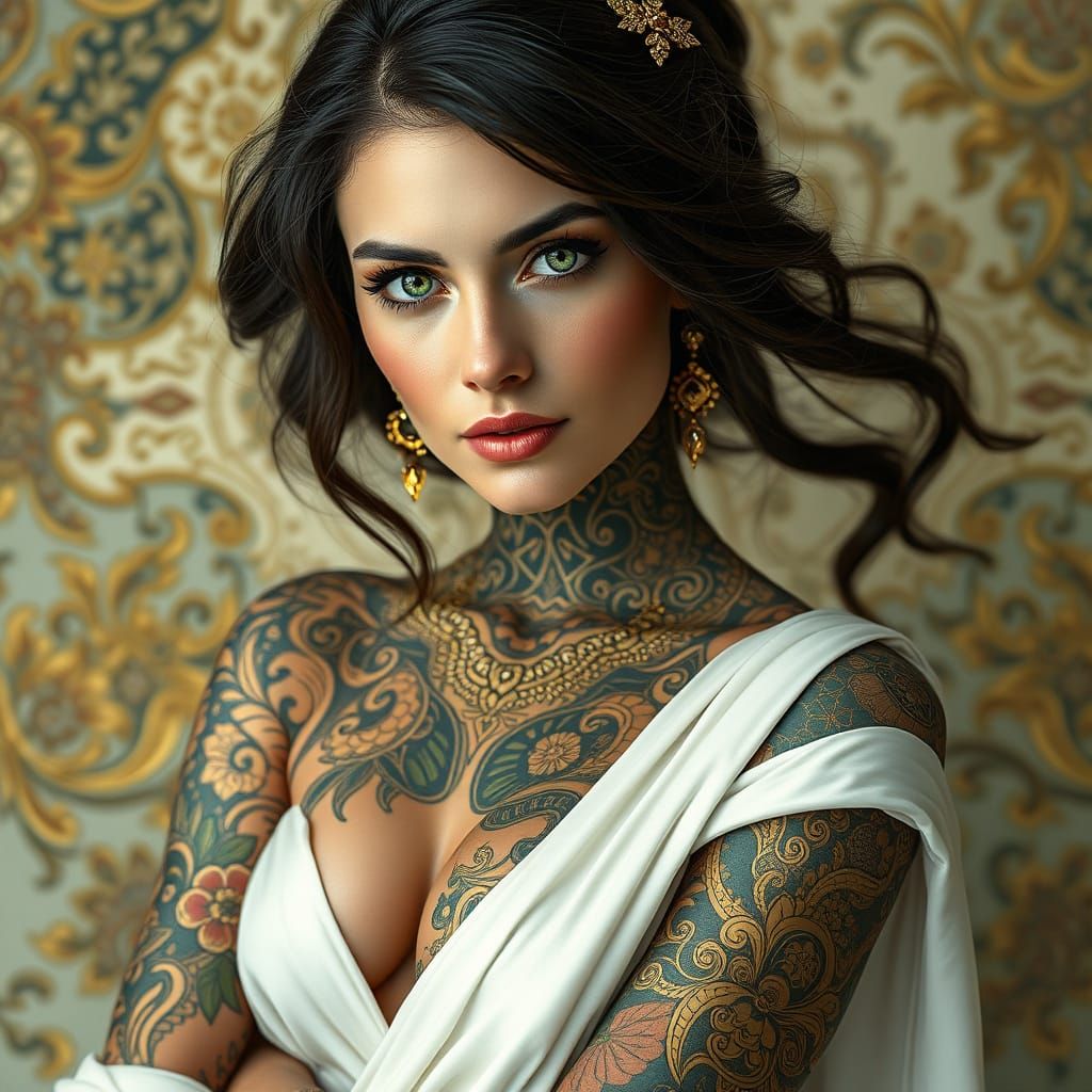 Emerald Eyed Woman with Golden Tattoos, Art Nouveau Style