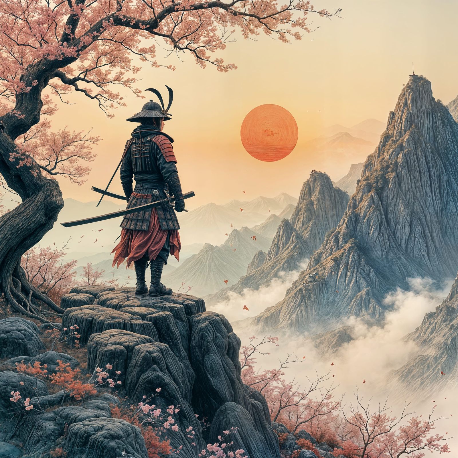 Samurai on Battlefield in Japanese Ink Painting Style