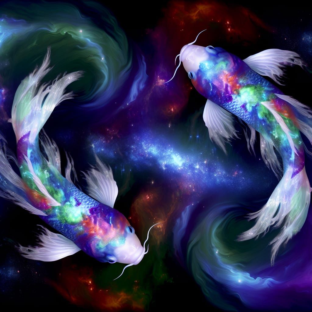 Rainbow Koi Swim in Cosmic Ocean, Forming Pisces Symbol