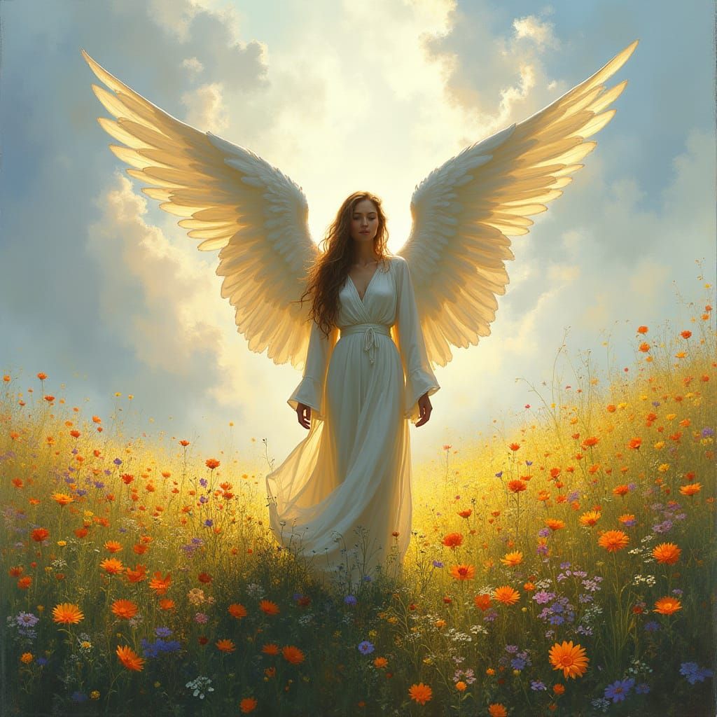 Guardian Angel Silhouetted in Vibrant Wildflower Meadow