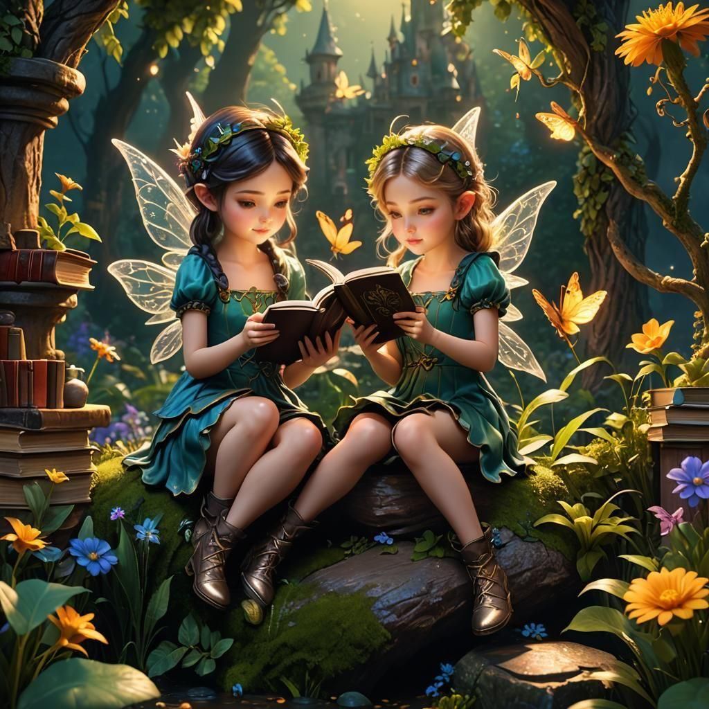 Fairies Reading Books: Detailed Fantasy Art
