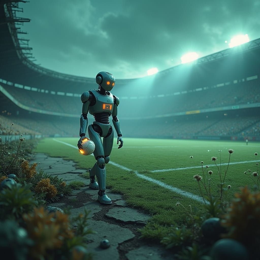 Robot Exploring Desolate Stadium in Retro-Futuristic Style