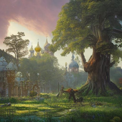 Ancient Ukrainian Cityscape in Mystical, Vibrant Forest