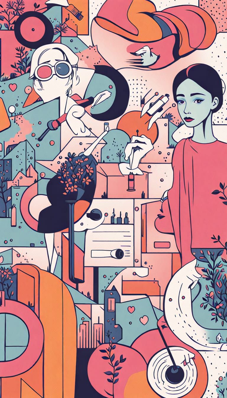 Vibrant Abstract Composition with Whimsical Elements