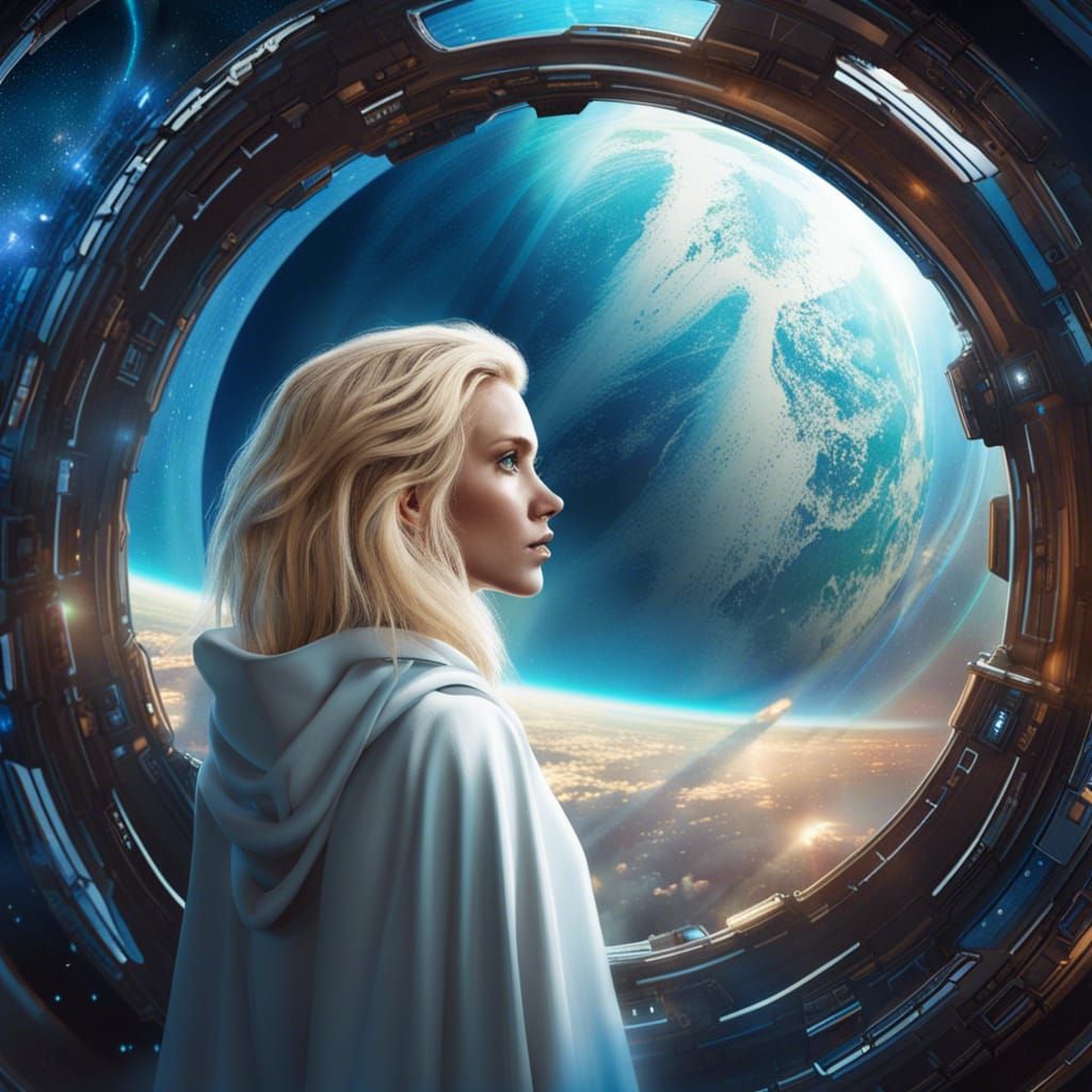 Blonde Woman Gazing at Earth: Fantasy Concept Art