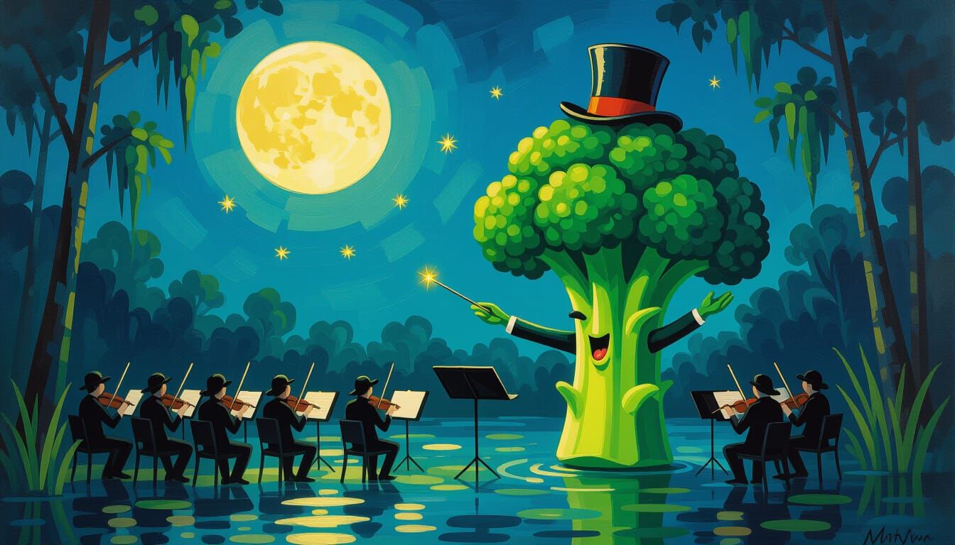Sentient Broccoli Conducts Firefly Orchestra in Moonlit Swam...