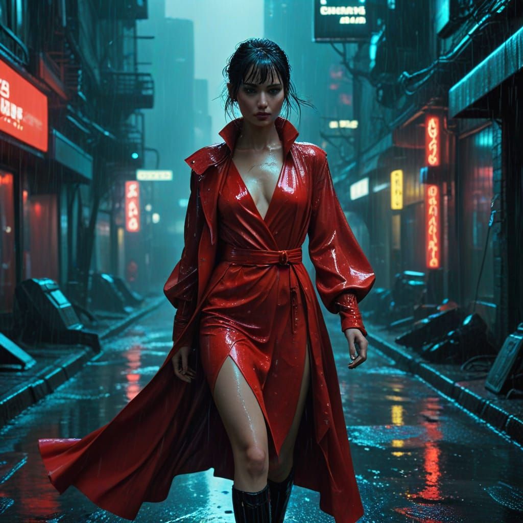 Cyberpunk Lady in Red: Akira Meets Blade Runner