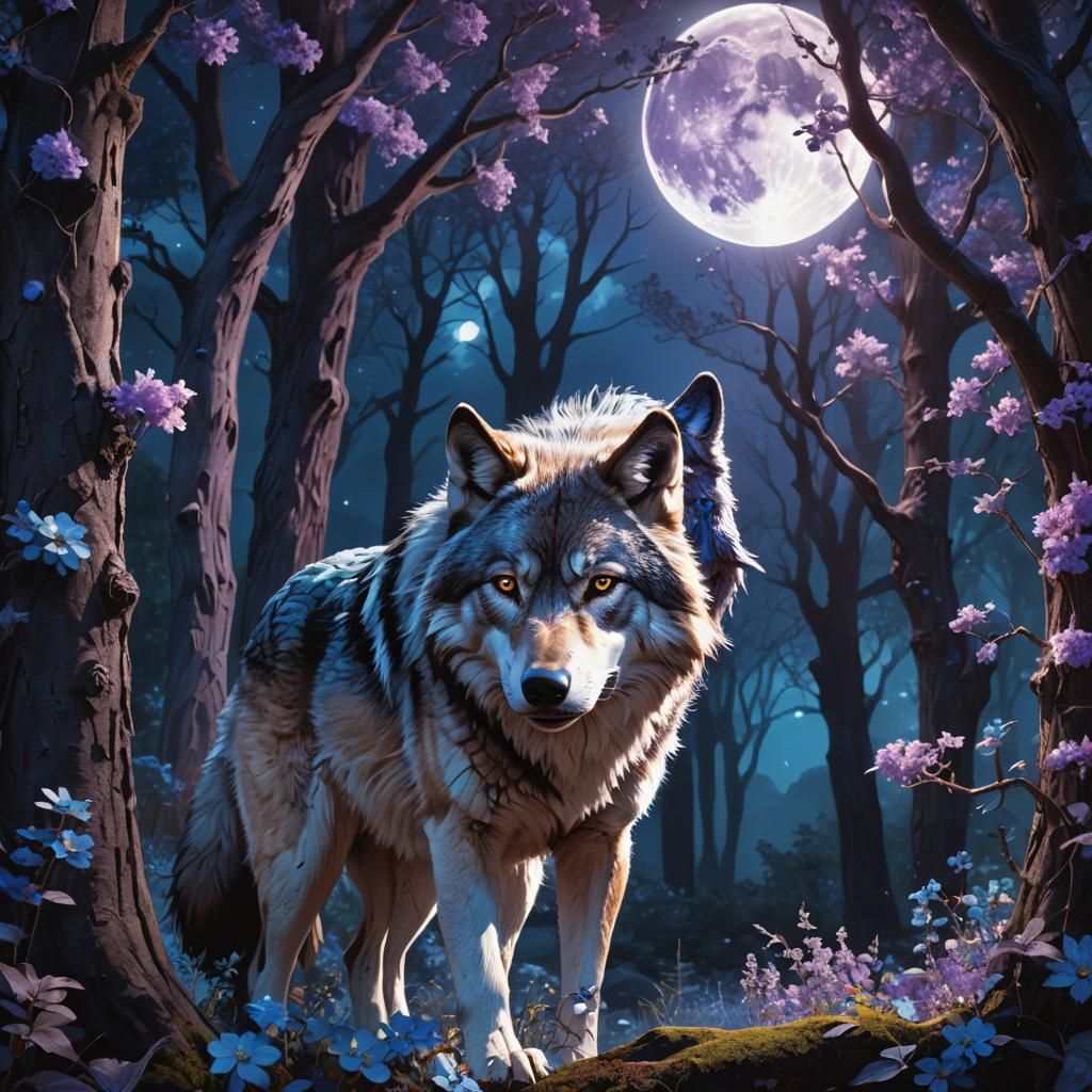 Mystical Moonlit Forest with Sapphire Foliage