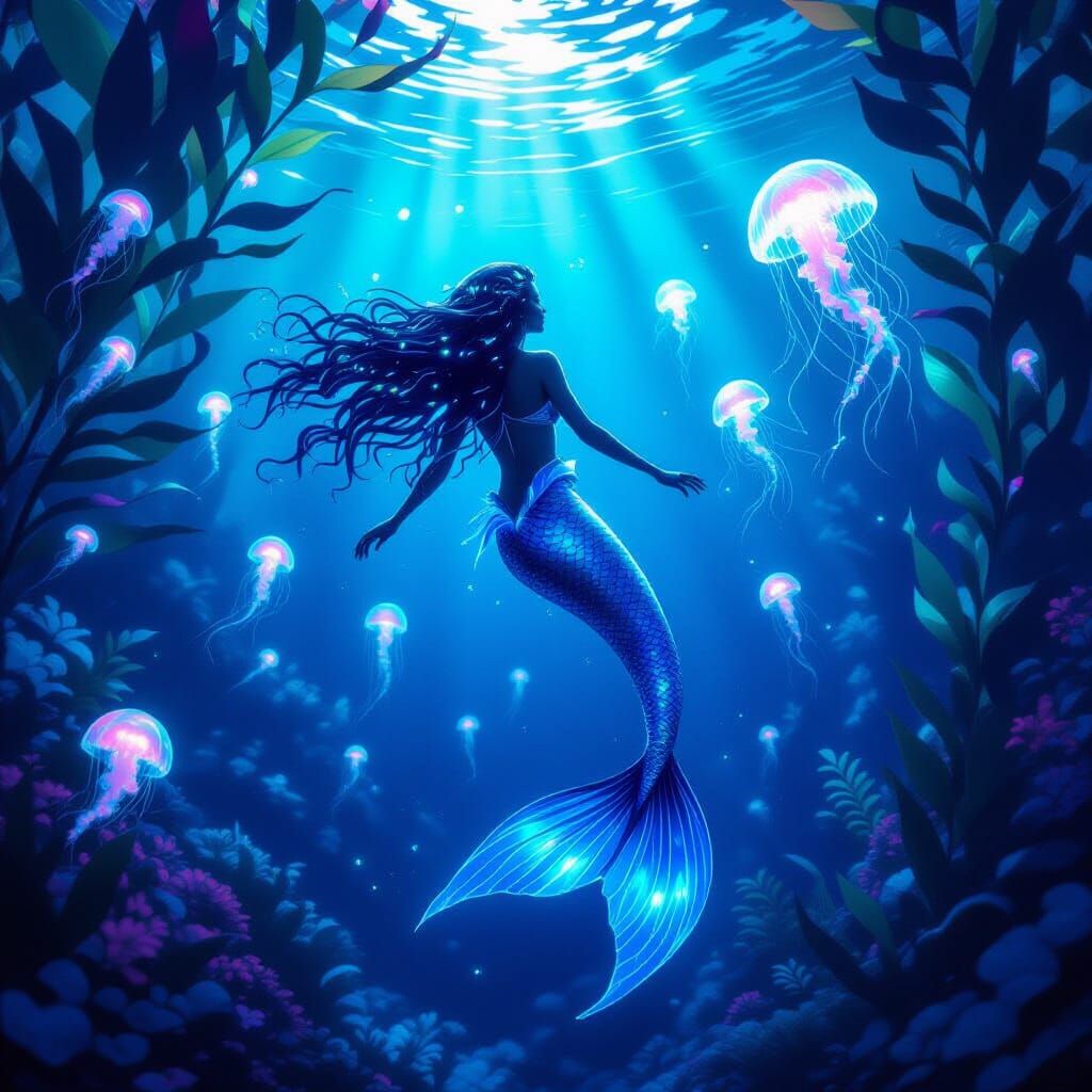 Bioluminescent Mermaid in Underwater Kelp Forest