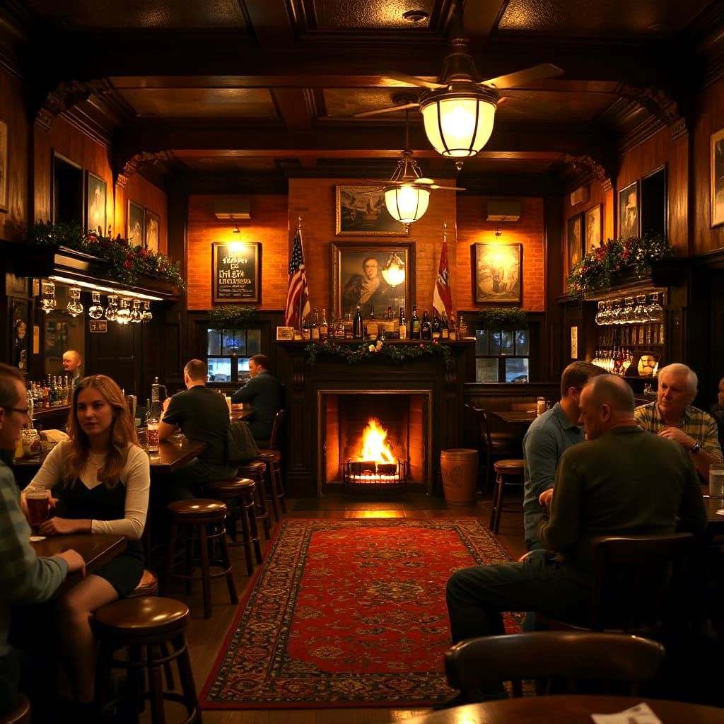 Cozy Irish Pub Interior with Warm Lighting