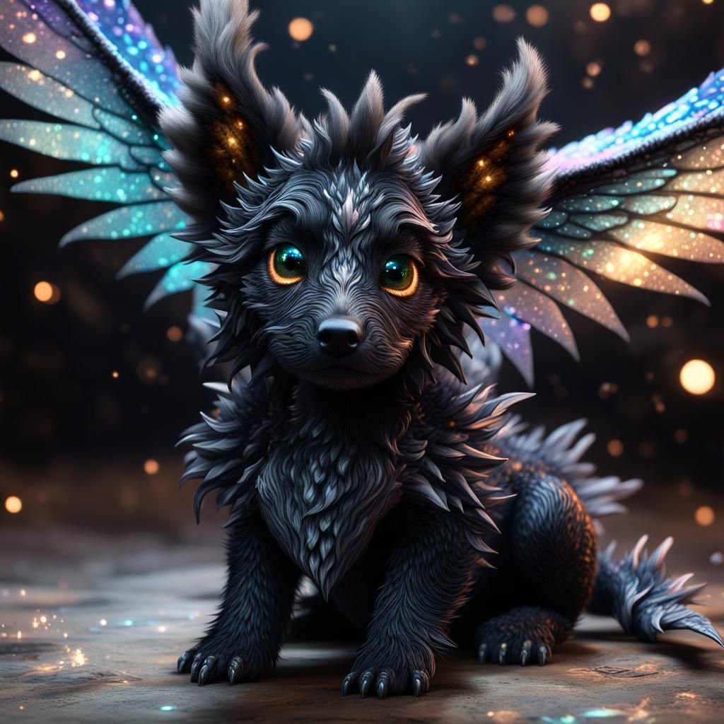 Winged Puppy Dragon with Iridescent Stars in CGI Style
