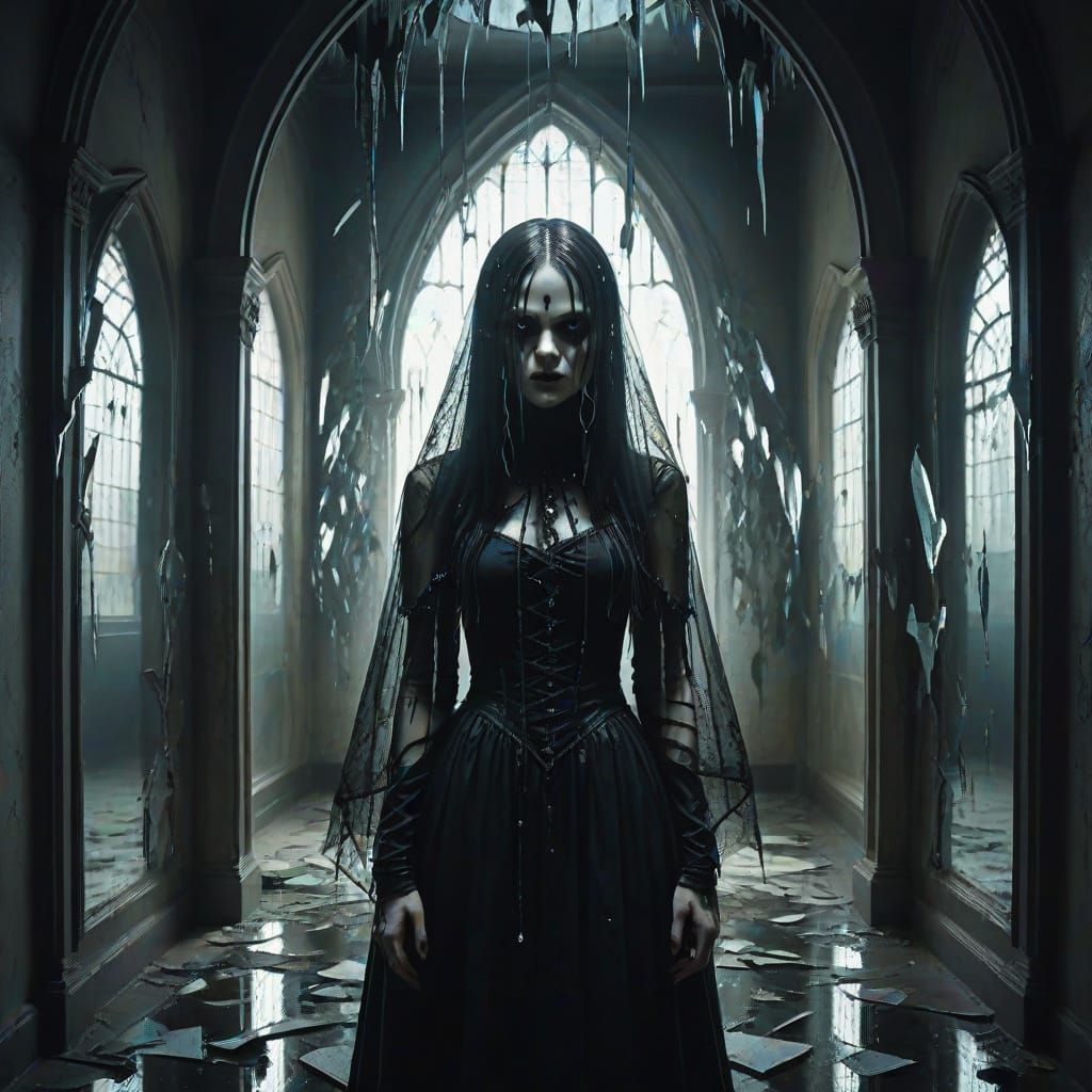 Velmara in a Gothic Surrealist Mirror Hallway
