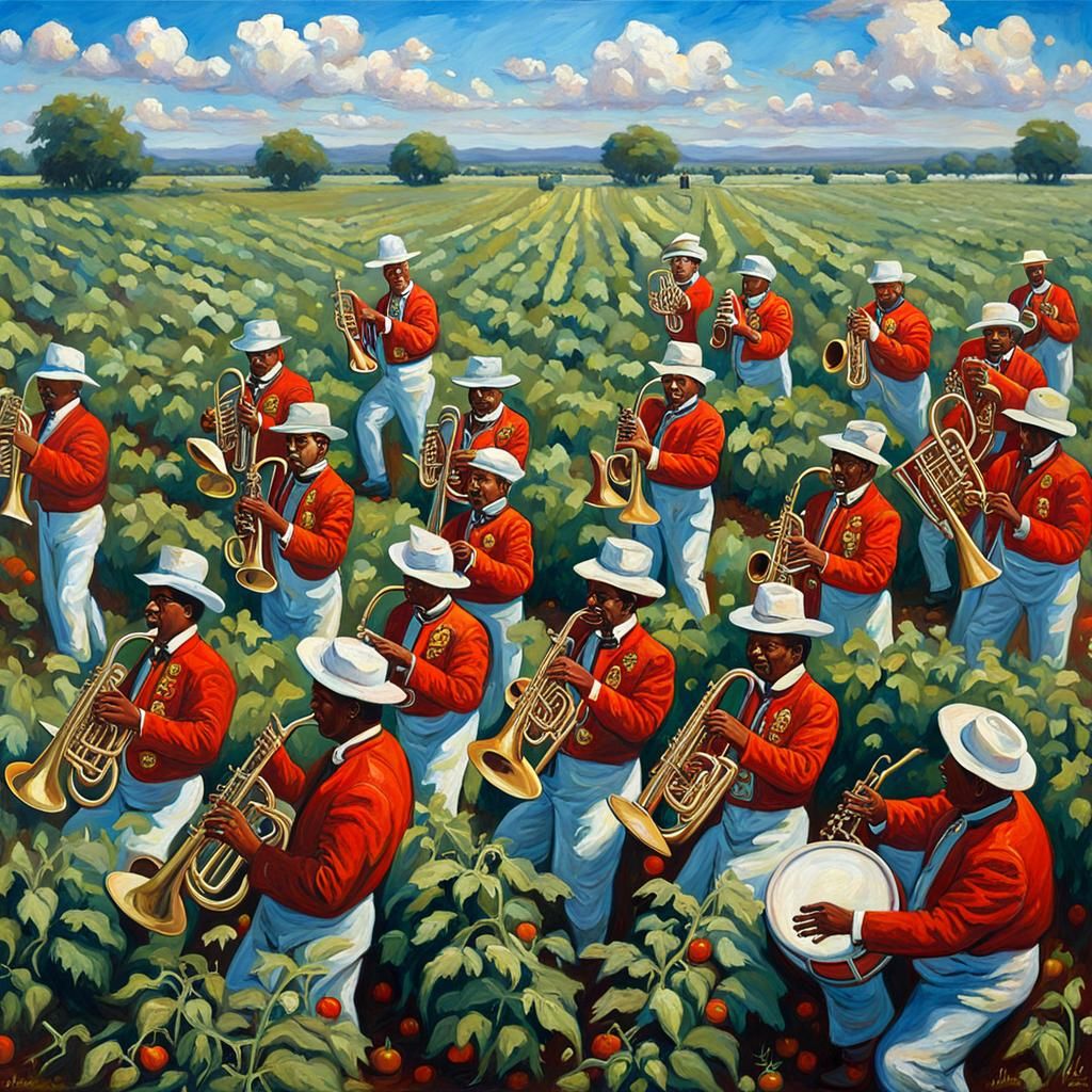 Brass Band in Tomato Field, Oil Painting