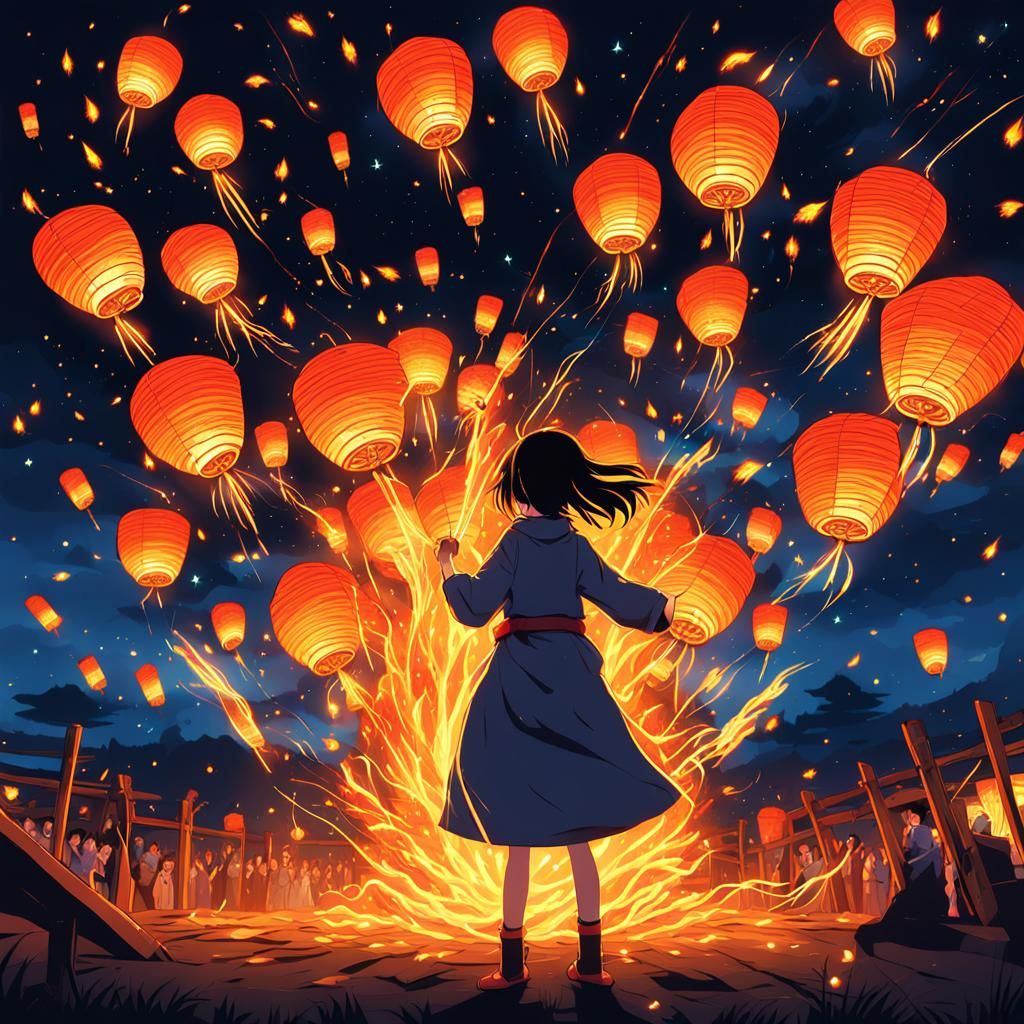 Anime Girl Plays with Fire at Night Festival