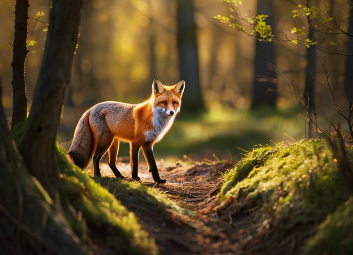 A beautiful fox walking through a wooded forest in spring Hy...