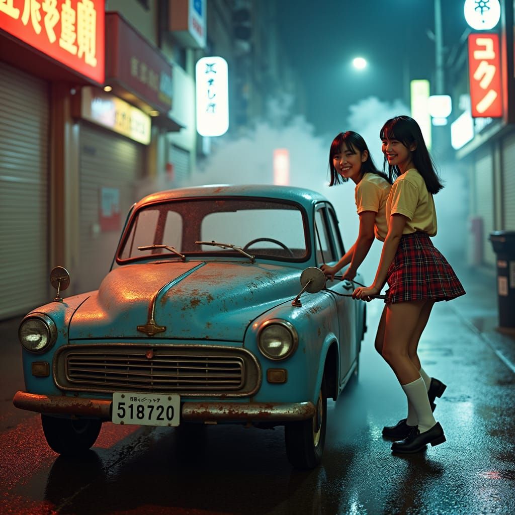 Japanese Girls Pulling Vintage Car in Tokyo Alleyway