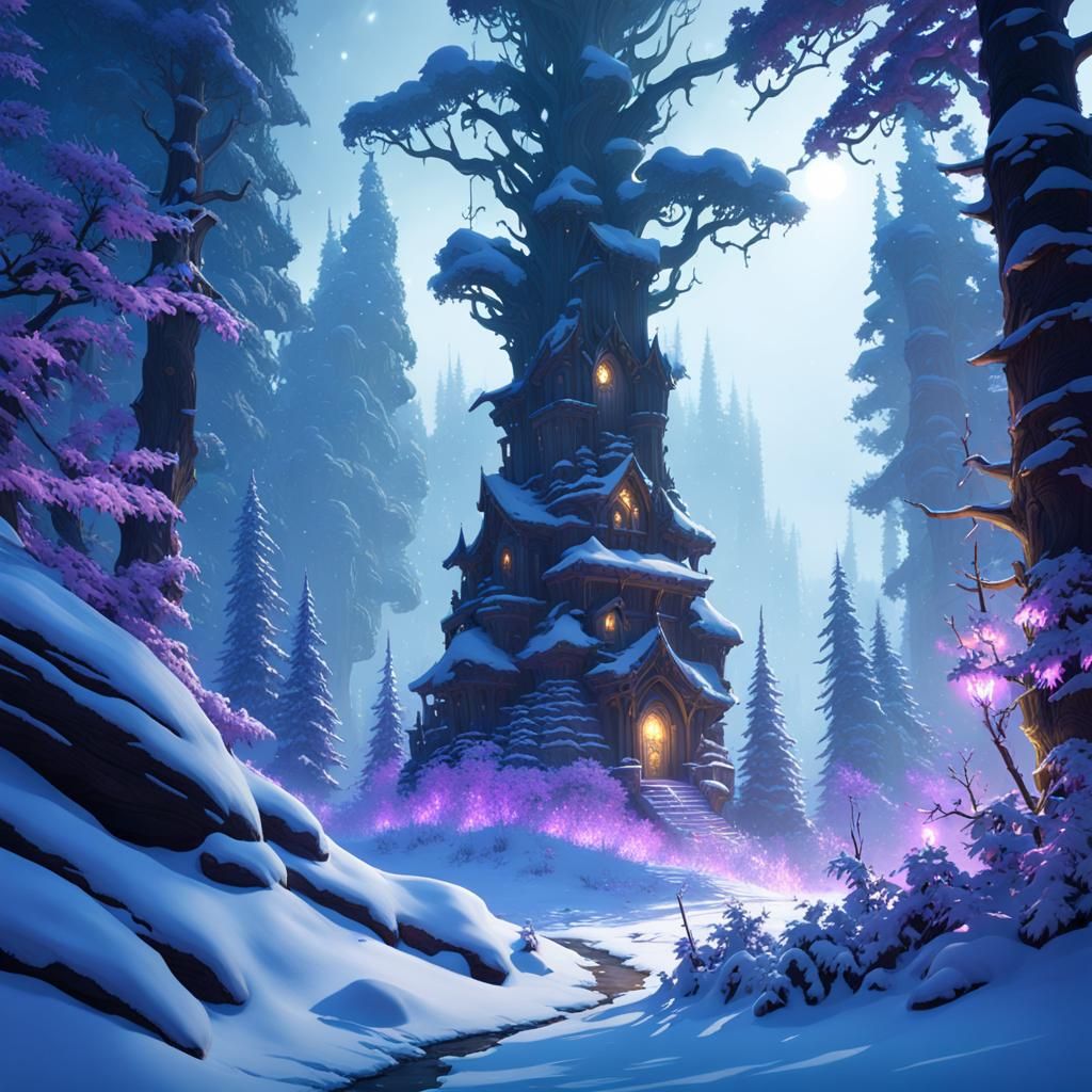 Magic Snowy Forest at Night in Art Nouveau Style