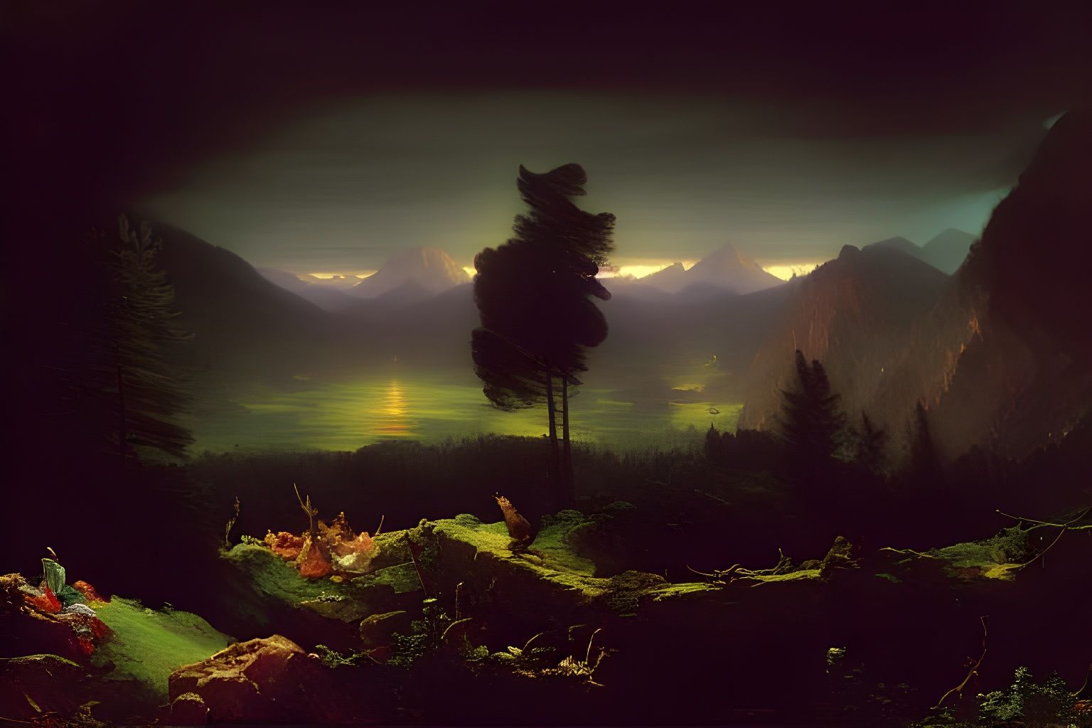 Conifer Forest in Mountain Valley: Romantic Luminism