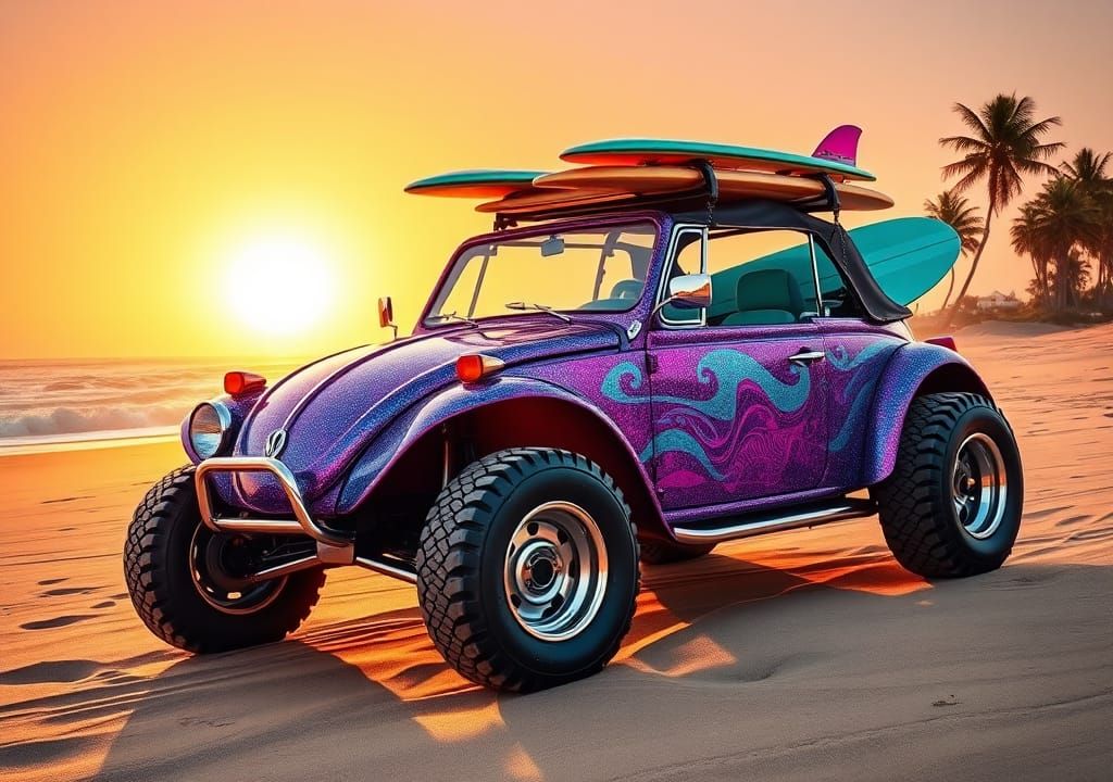 Retro Dune Buggy with Surfboards in Psychedelic Style