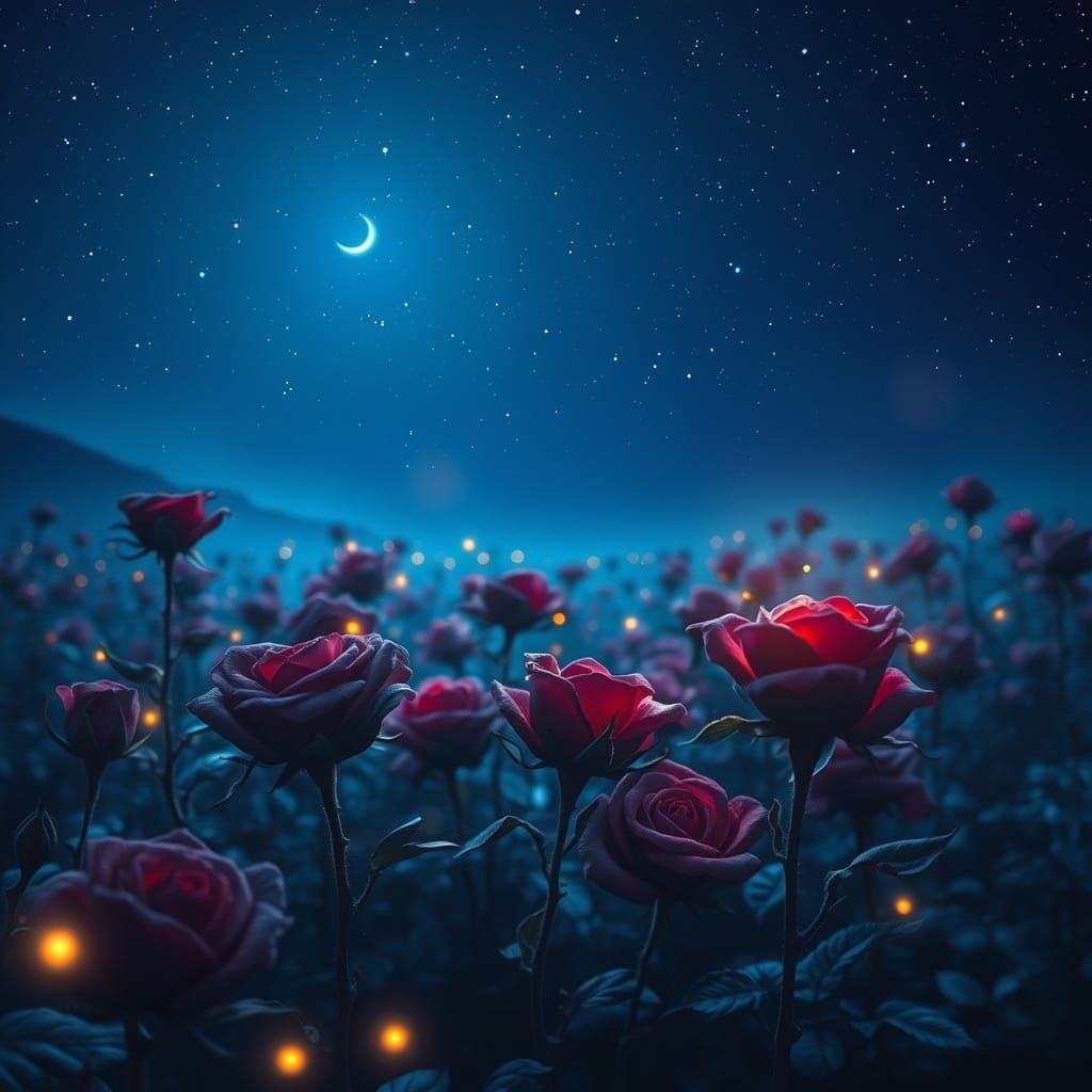 Ethereal Black Rose Field Under Starry Night Sky