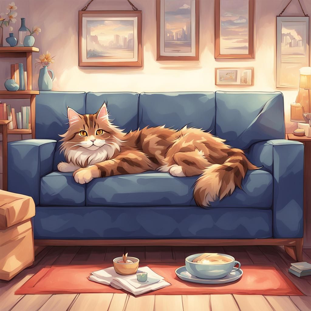Anime Style Mainecoon Cat on Couch