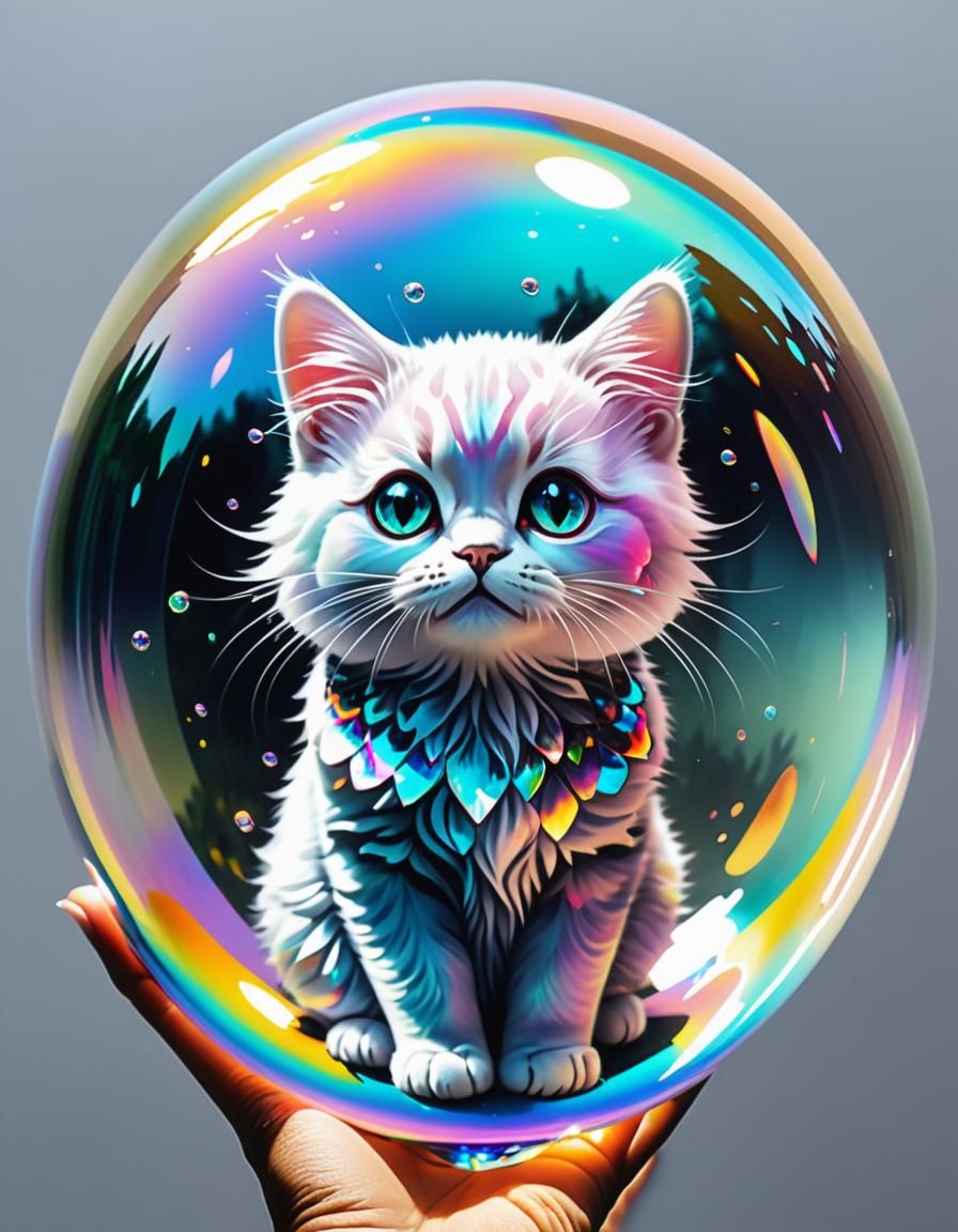 Crystal Cat in Iridescent Bubble, Digital Painting