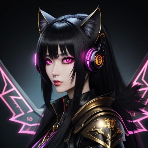 Kawaii demonic anime girl wearing hi-tech futuristic cat ear headphones wearing satanic black knight armour with a golde...