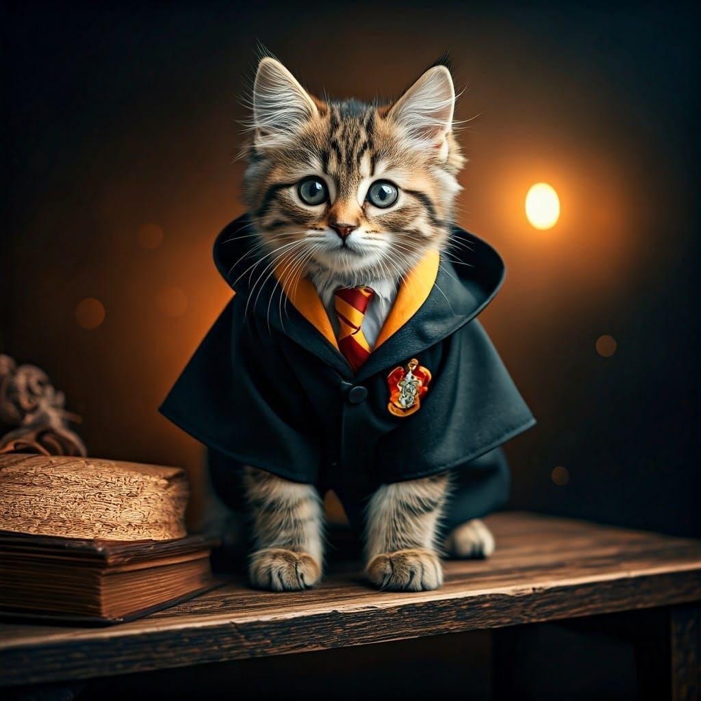Kitten in Hogwarts Robe, Hyper-Realistic Photo