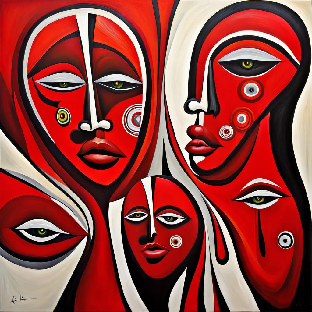 Abstract Faces in Red: An Aboriginal-Style Oil Painting