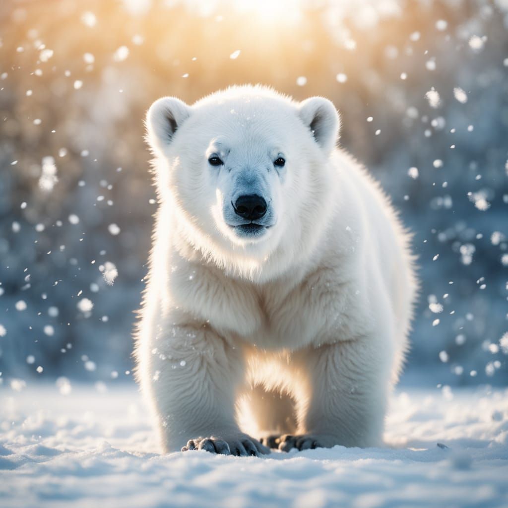 Baby Polar Bear Playing in Snowy Winter Wonderland