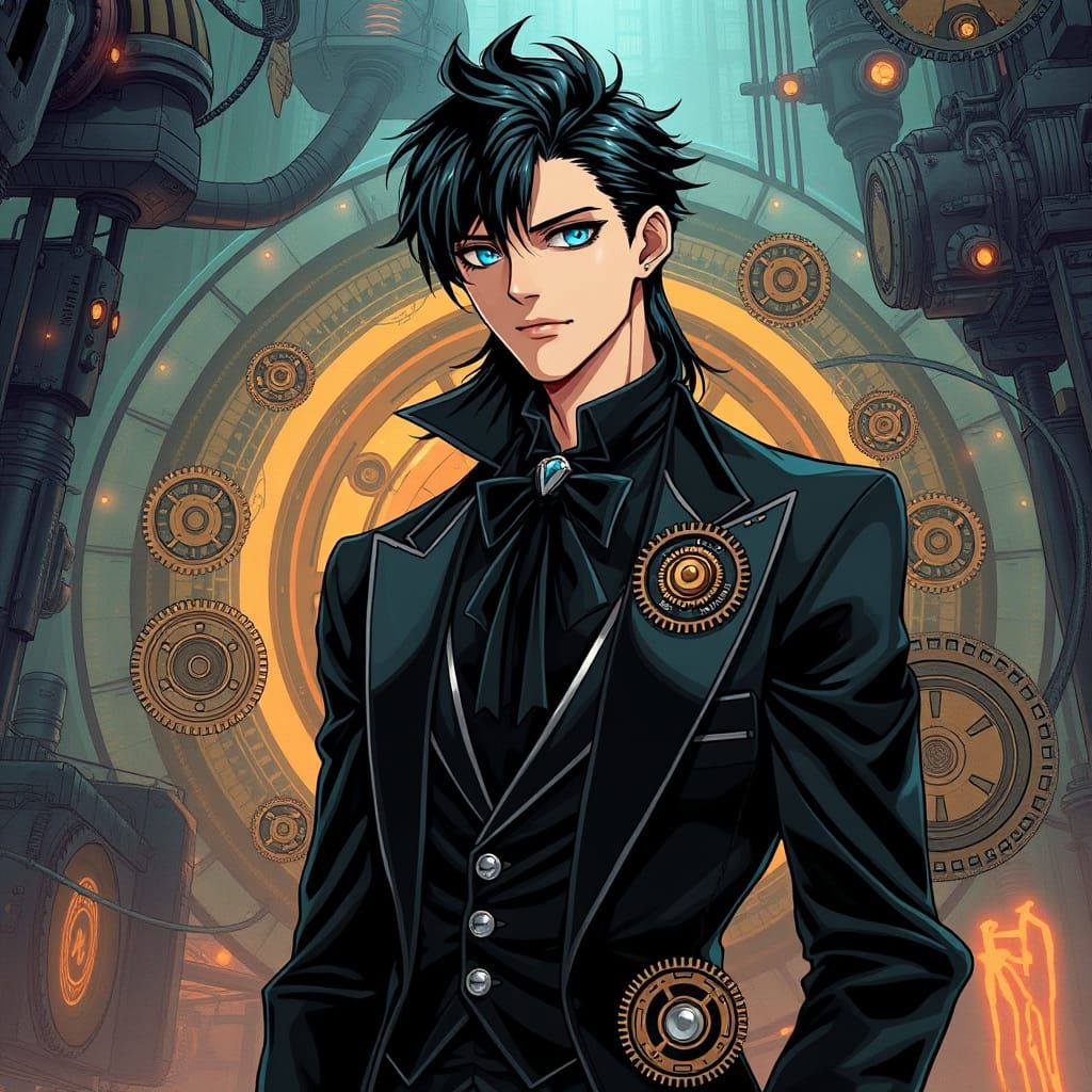 Steampunk Anime Man in Tuxedo with Gears