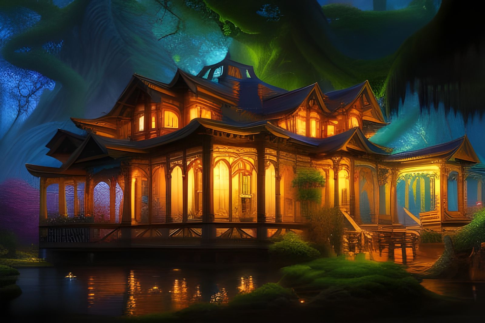 Enchanted Treehouse in Dark Forest, Digital Art