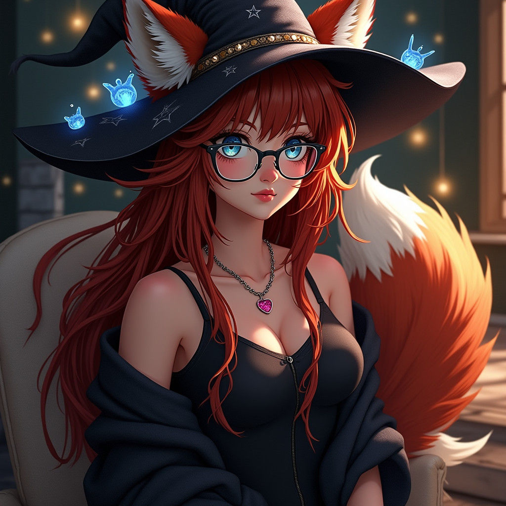 Serene Foxgirl in Anime Style with Witch Hat