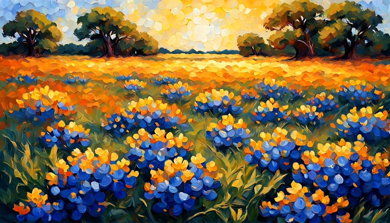 Texas bluebonnets in warm golden sunshine