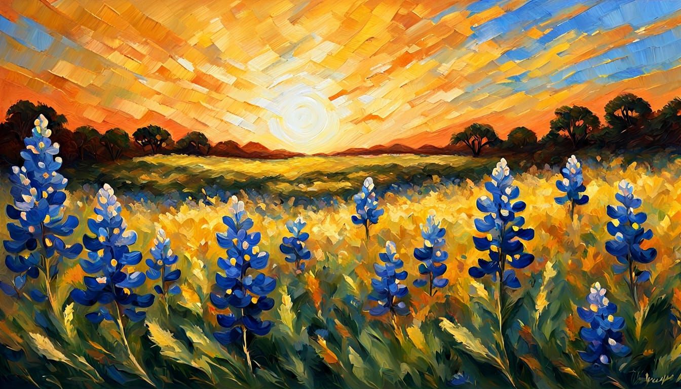 Texas bluebonnets in warm golden sunshine