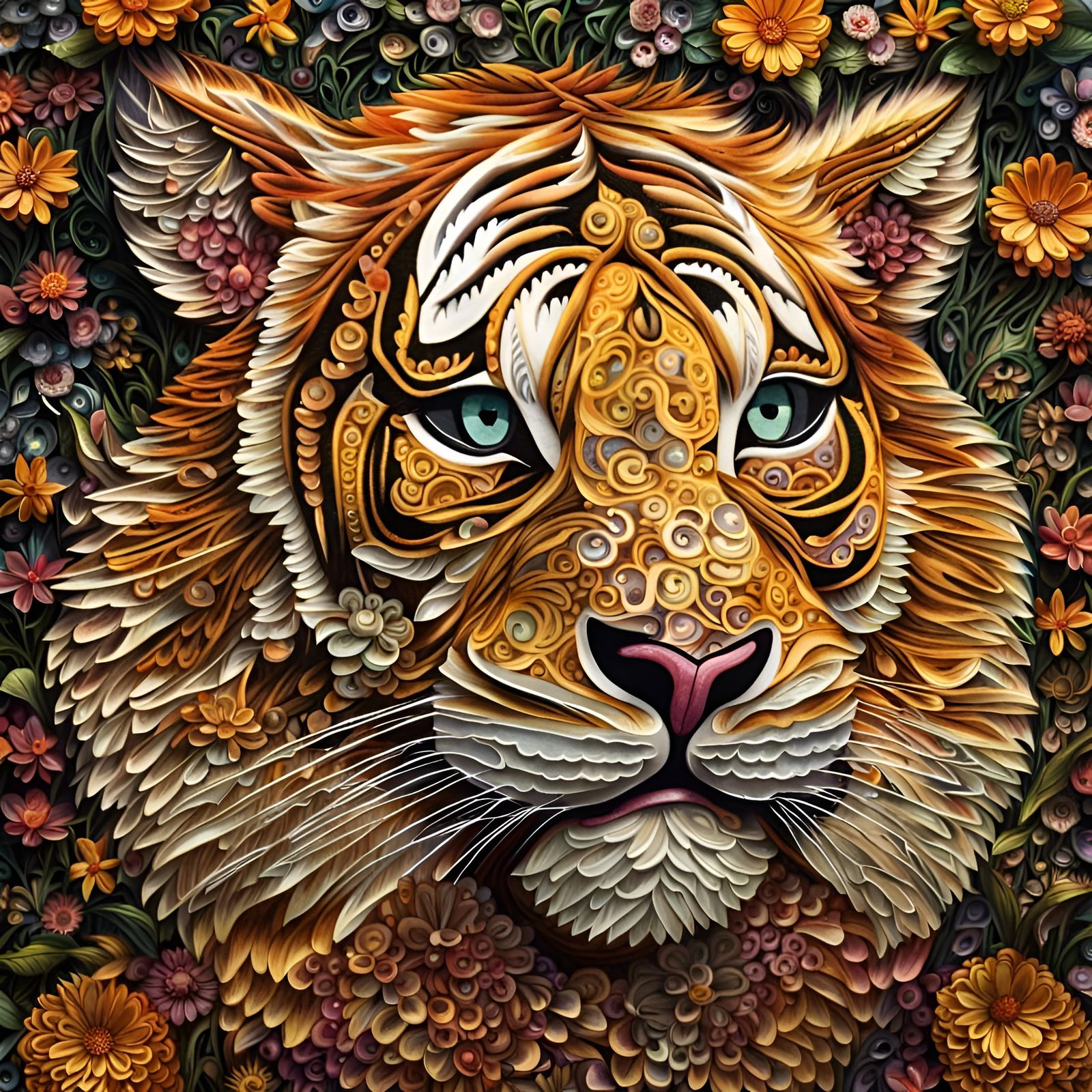 Floral Tiger Cub: Stippled Folk Art in Bloom