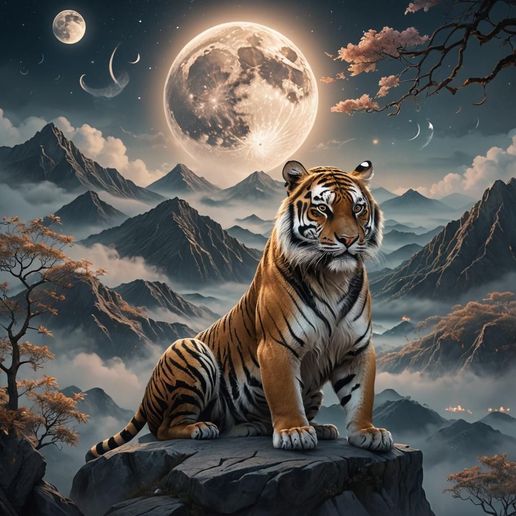 Mystical Tiger Gazing at Moon in Matte Painting Style