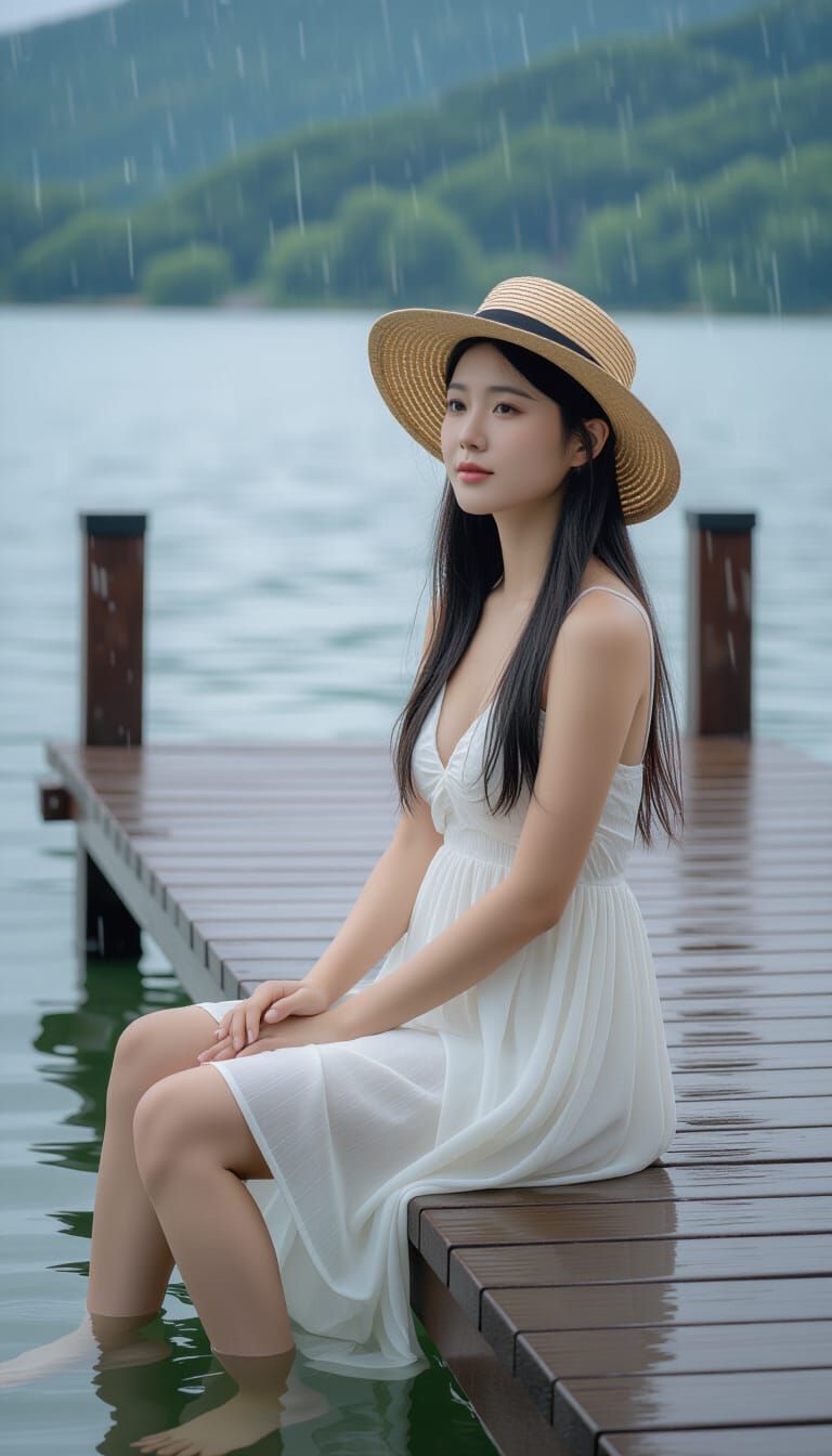 Korean Woman in Rain on Pier, Hyperrealistic Photo