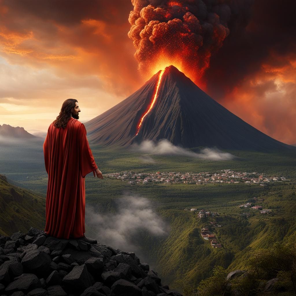 Jesus by Volcano: Detailed Matte Painting
