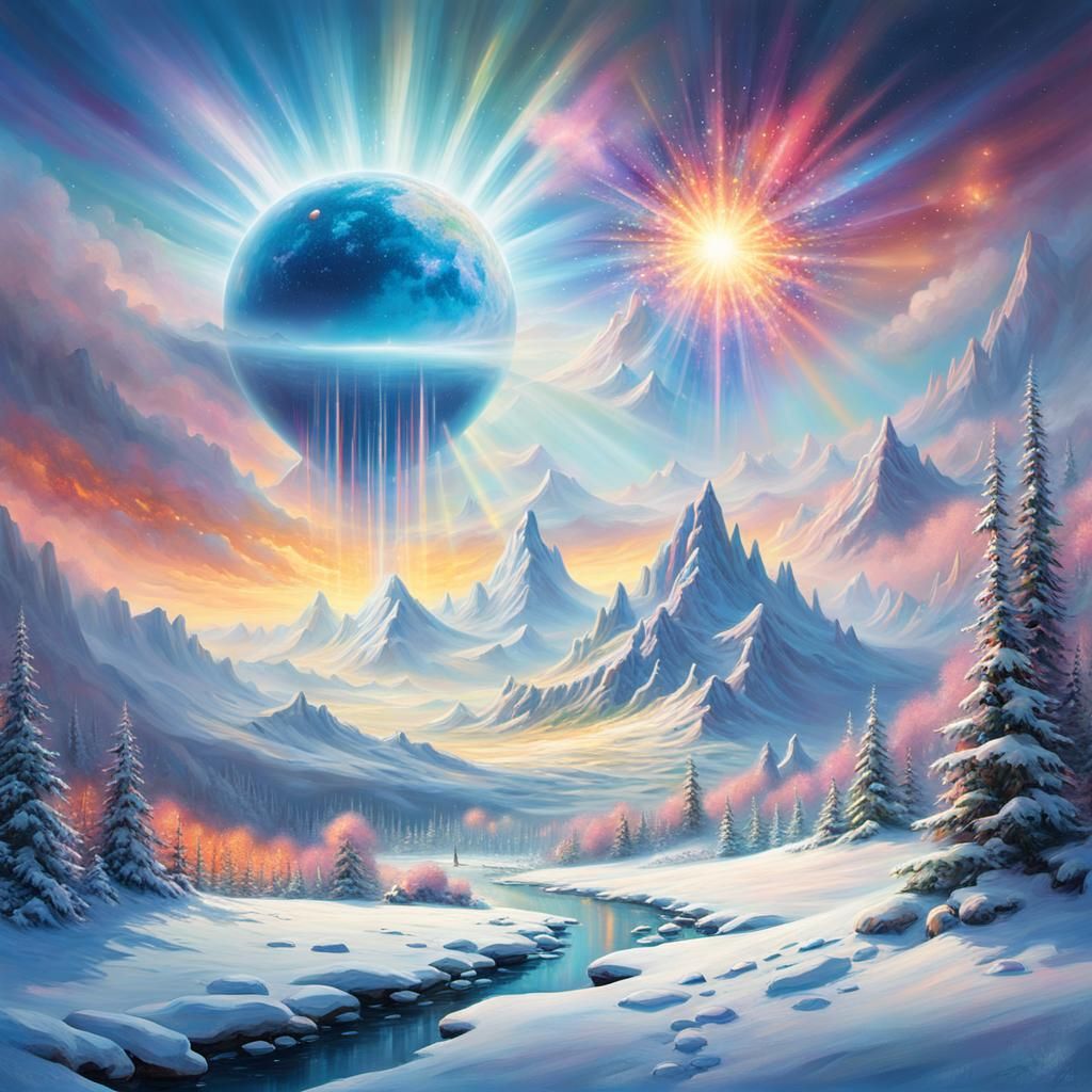 Alien in Snowy Landscape with Holographic Explosion