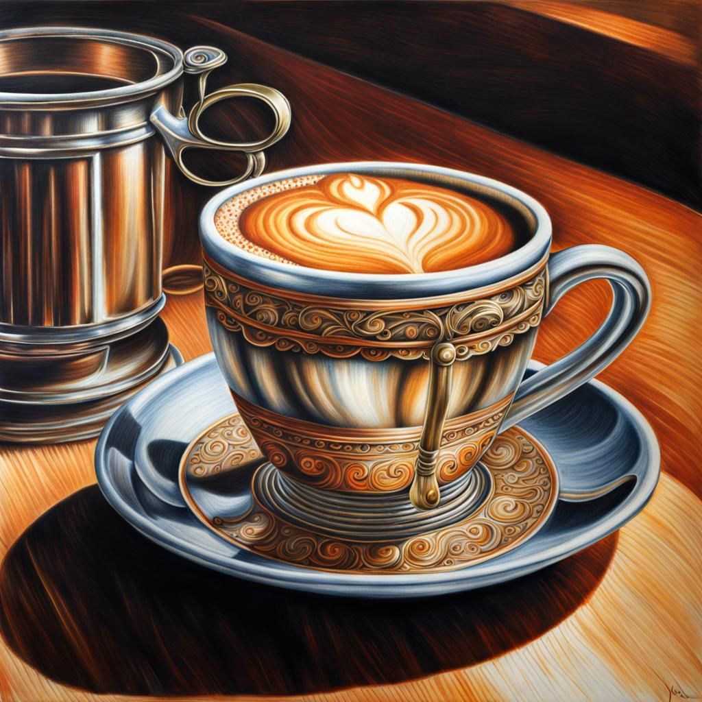 Detailed Coffee Mug Drawing in Atmospheric Coffee Bar